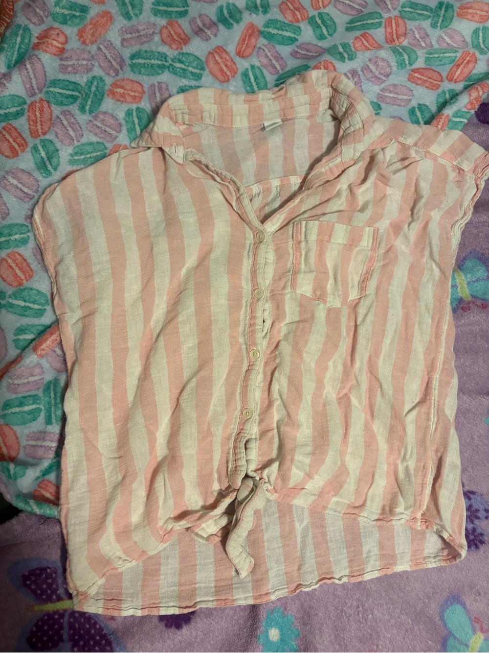 Old Navy Pink and White Striped Button-Front Tie-Hem Top